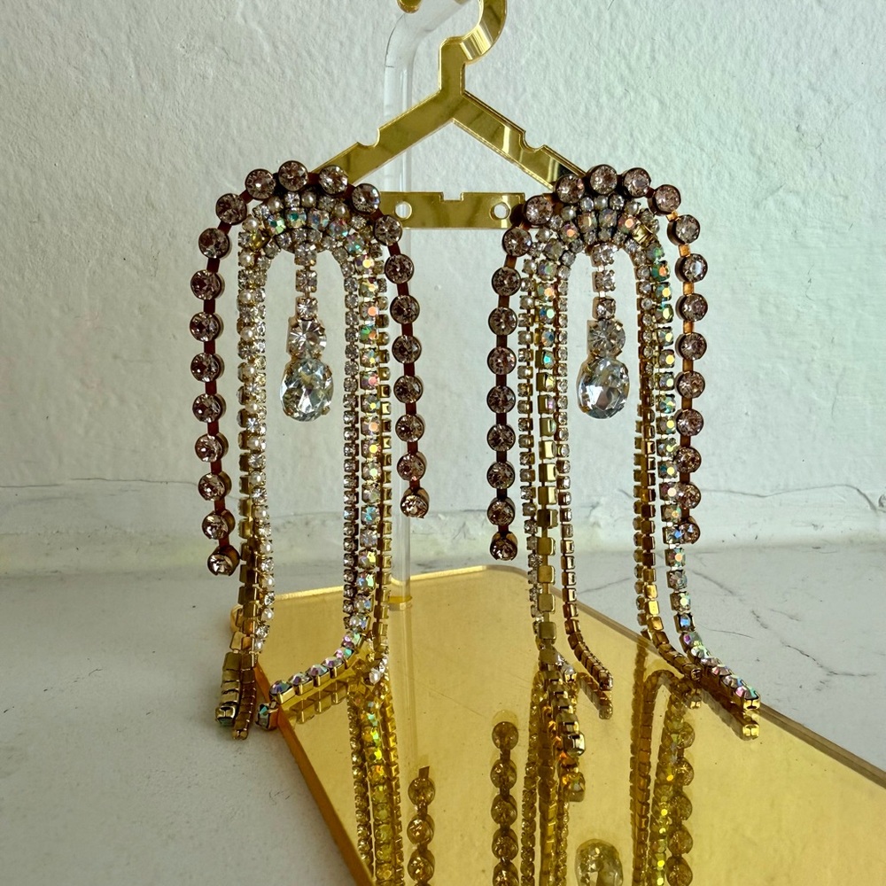 Elegant Crystal & Gold Dangle Tear Drop Earrings - Picture 3 of 3